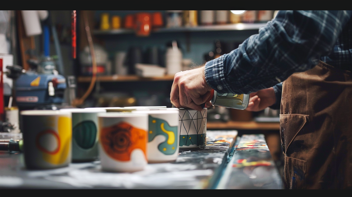 Des mugs posé sur une table dans un atelier avec un homme qui en manipule un sur la droite de l'image