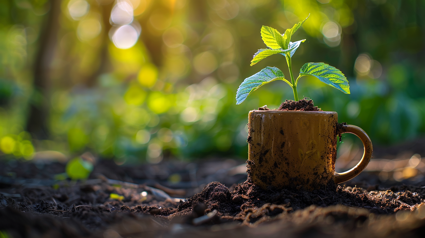 un mug remplit de terre avec une plante qui y pousse, posé sur la terre dans une forêt.